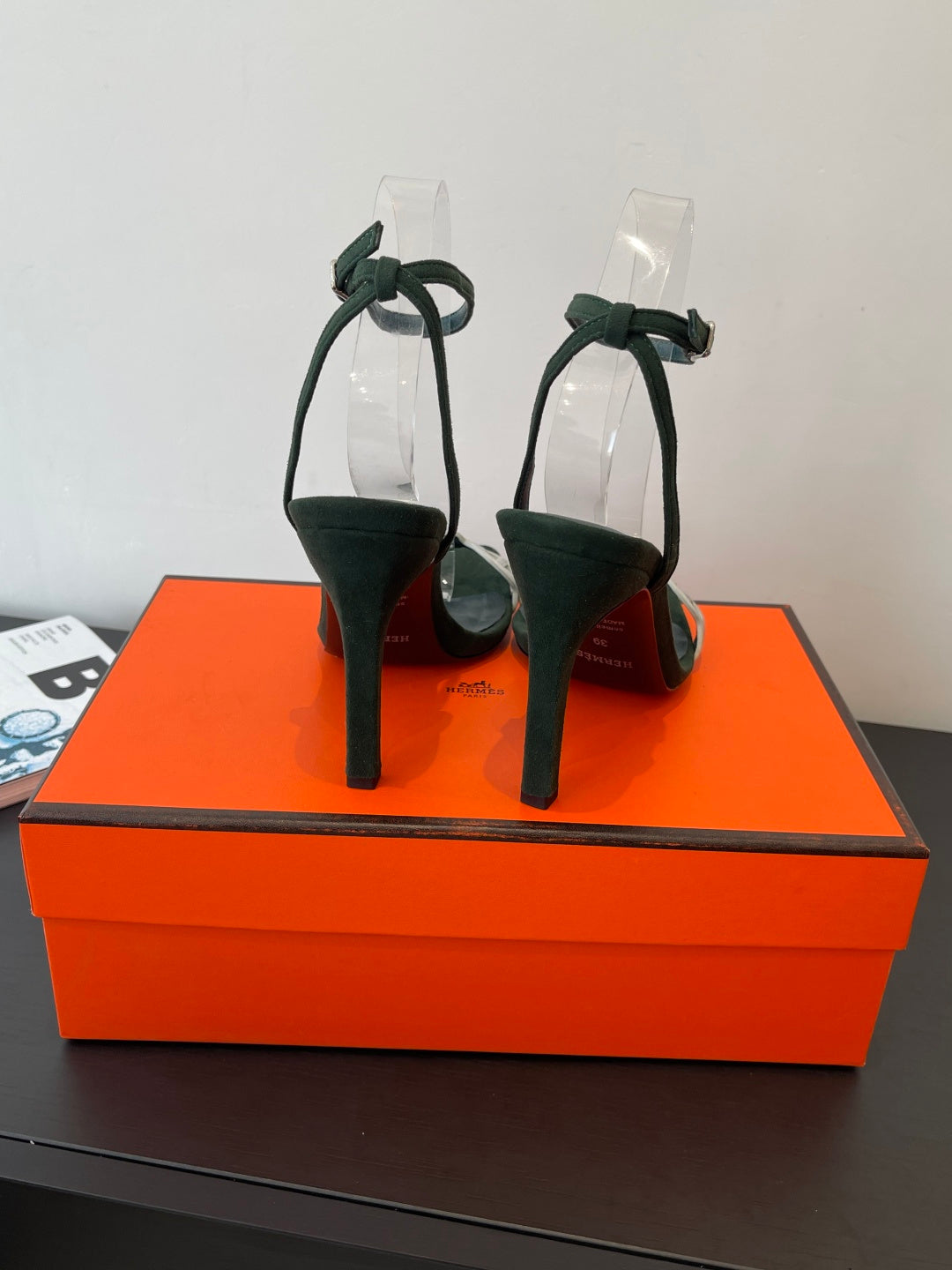 FOREST GREEN SUEDE ANKLE STRAP HIGH HEEL SANDALS