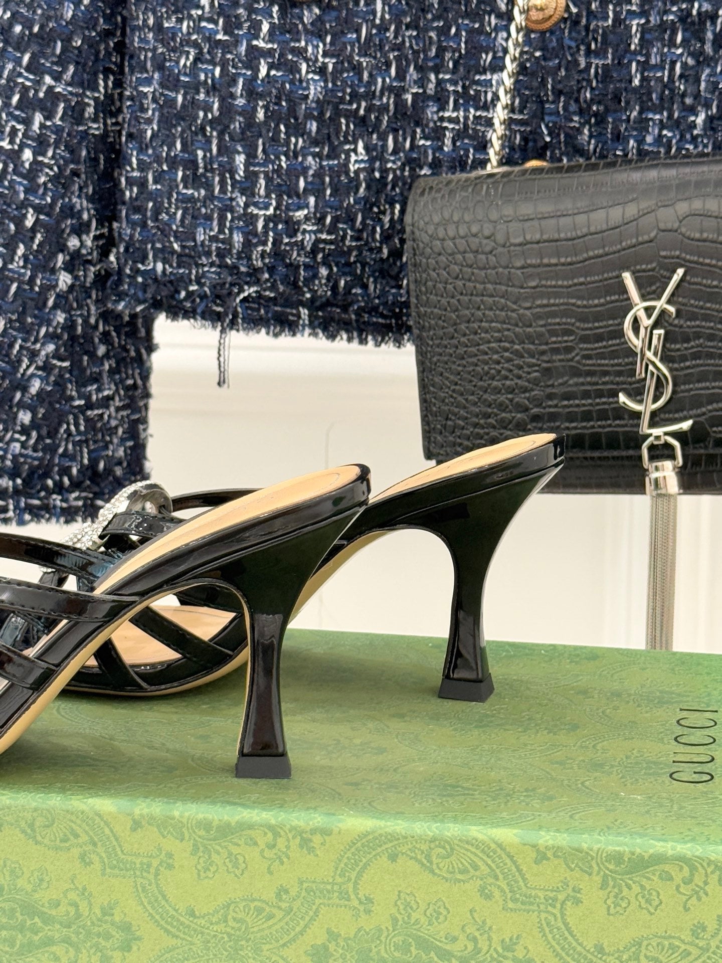 BLACK CRYSTAL BUCKLE HEELED MULES