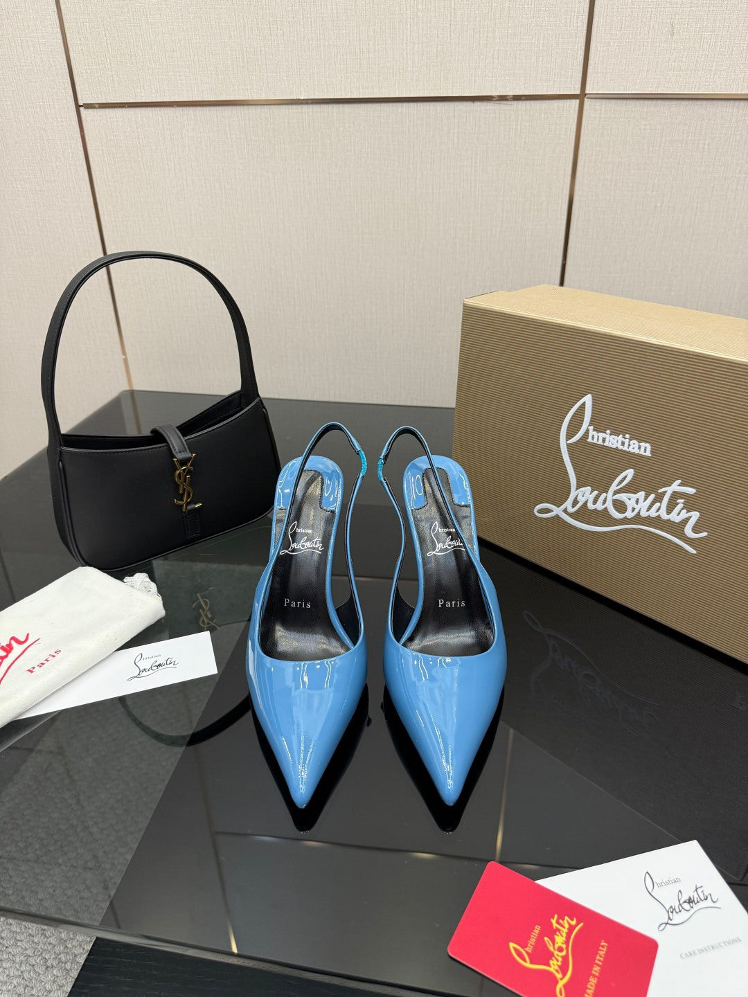 BLUE PATENT SLINGBACK POINTED HEELS