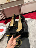BLACK PATENT SCALLOPED POINTED PUMPS