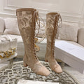 BEIGE LACE KNEE-HIGH LACE-UP BOOTS WITH BLOCK HEEL