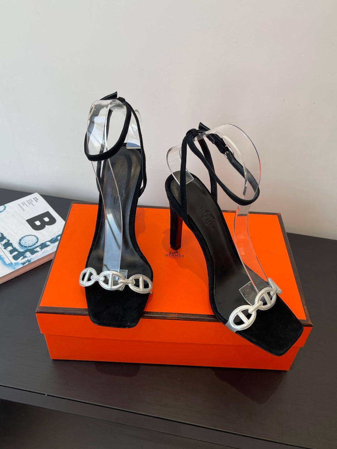 BLACK SUEDE ANKLE STRAP HIGH HEEL SANDALS