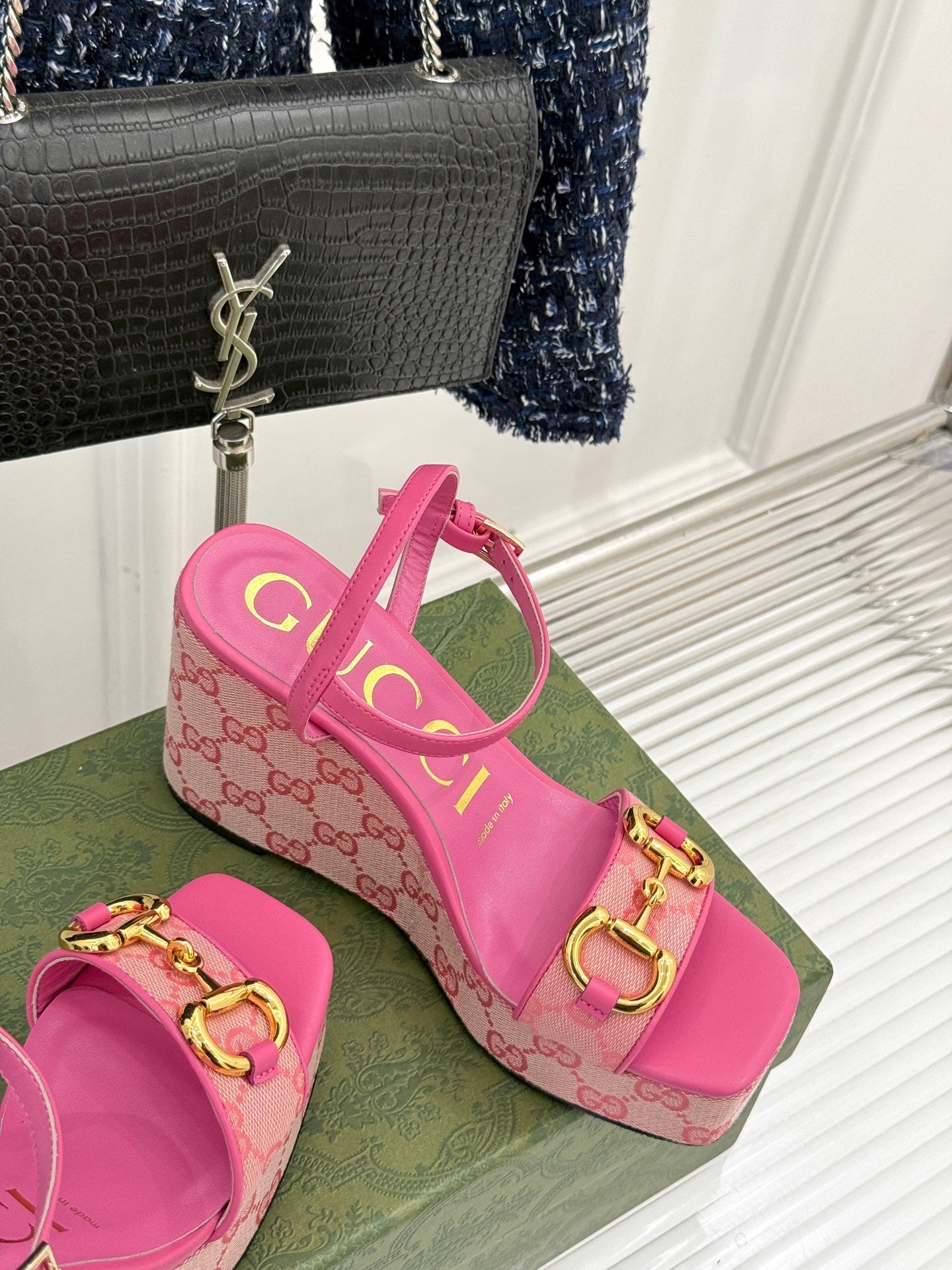 PINK MONOGRAM PLATFORM WEDGE SANDALS