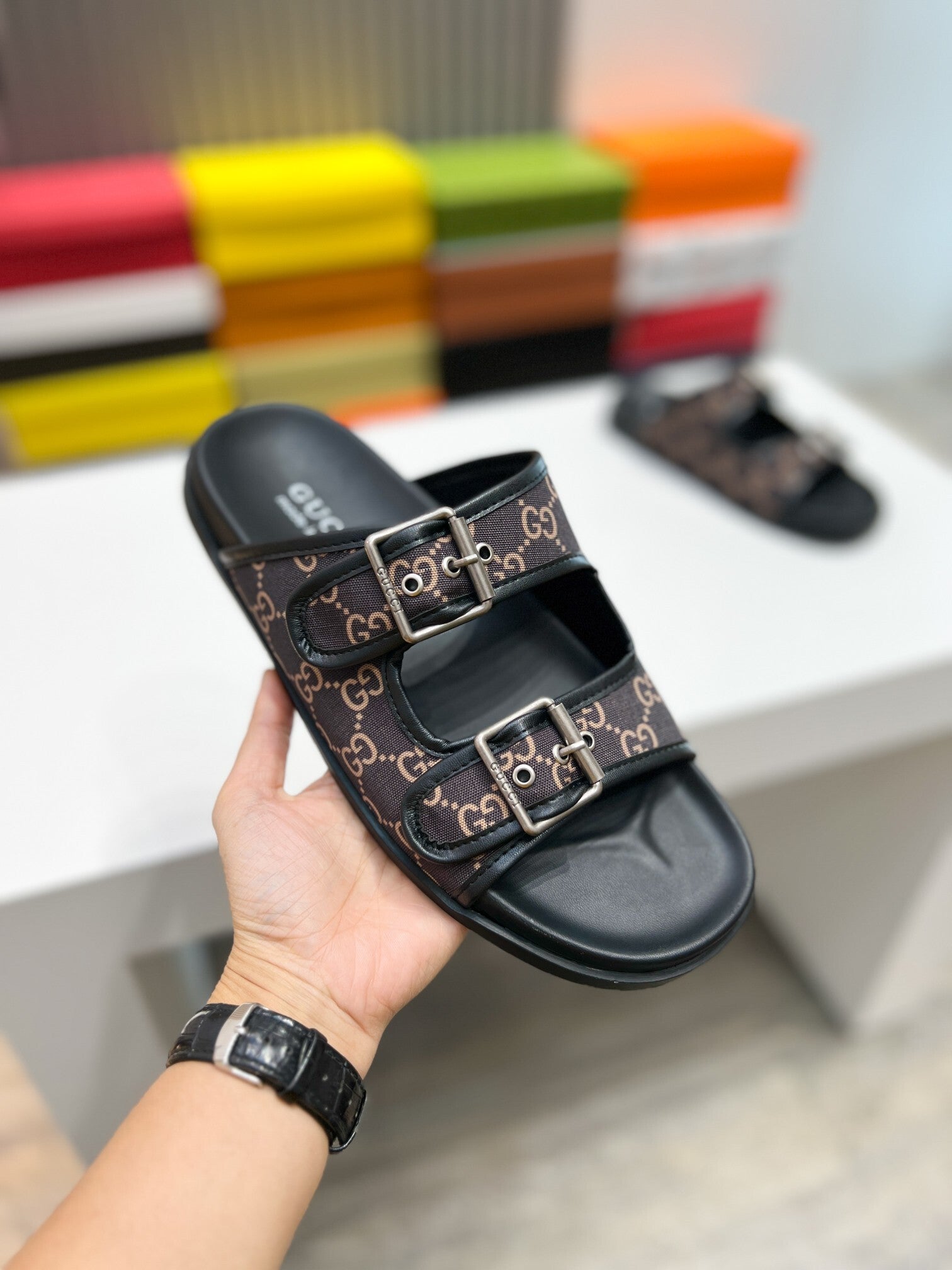 DOUBLE STRAP MONOGRAM BUCKLE SLIDE SANDALS
