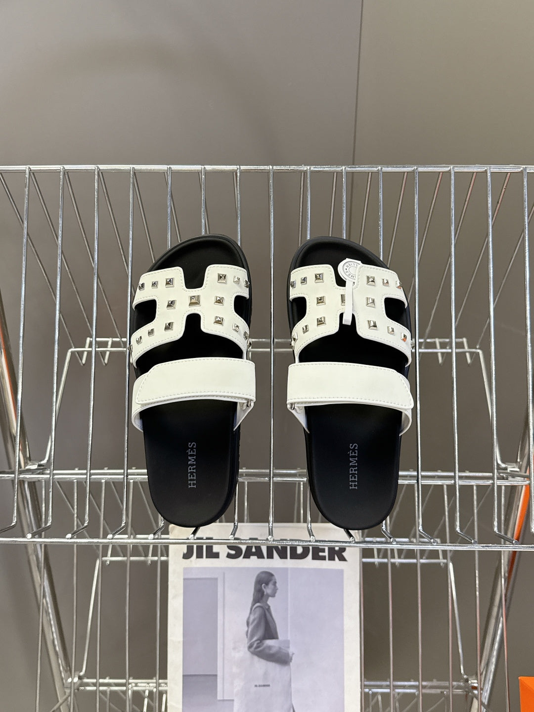 WHITE STUDDED SLIDE SANDALS