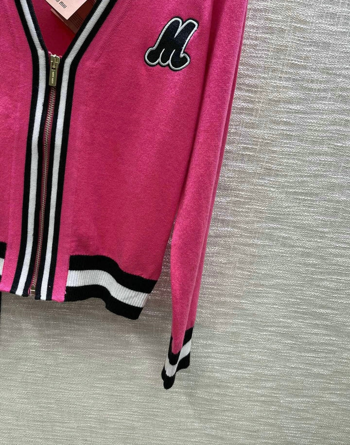 ZIP-UP CONTRAST KNIT CARDIGAN
