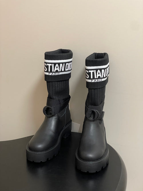 BLACK LEATHER MID-CALF BOOTS WITH RIBBED KNIT CUFF AND LUG SOLE