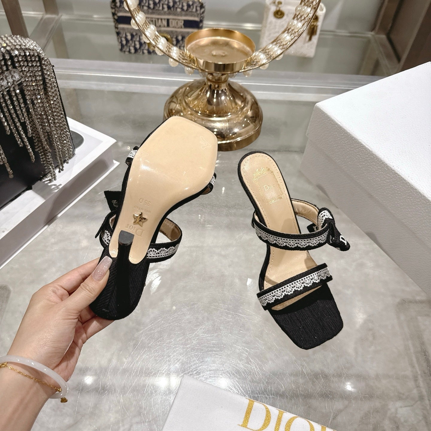 BLACK LACE TRIM BOW STRAP HEEL SANDALS