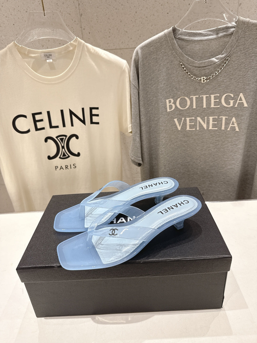 PASTEL BLUE CLEAR HEEL SANDALS