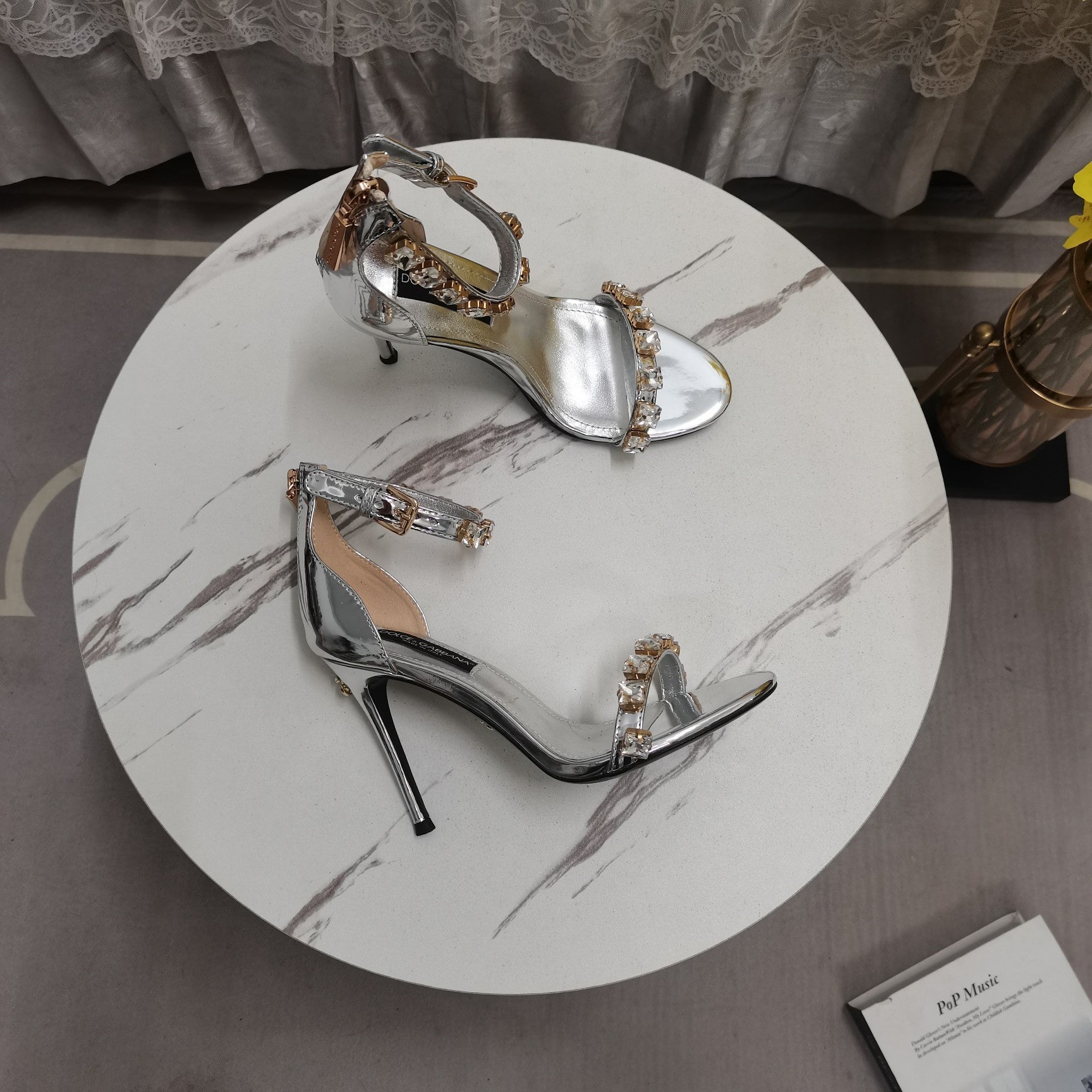 SILVER METALLIC STRAPPY HEEL SANDALS WITH CRYSTAL EMBELLISHMENTS