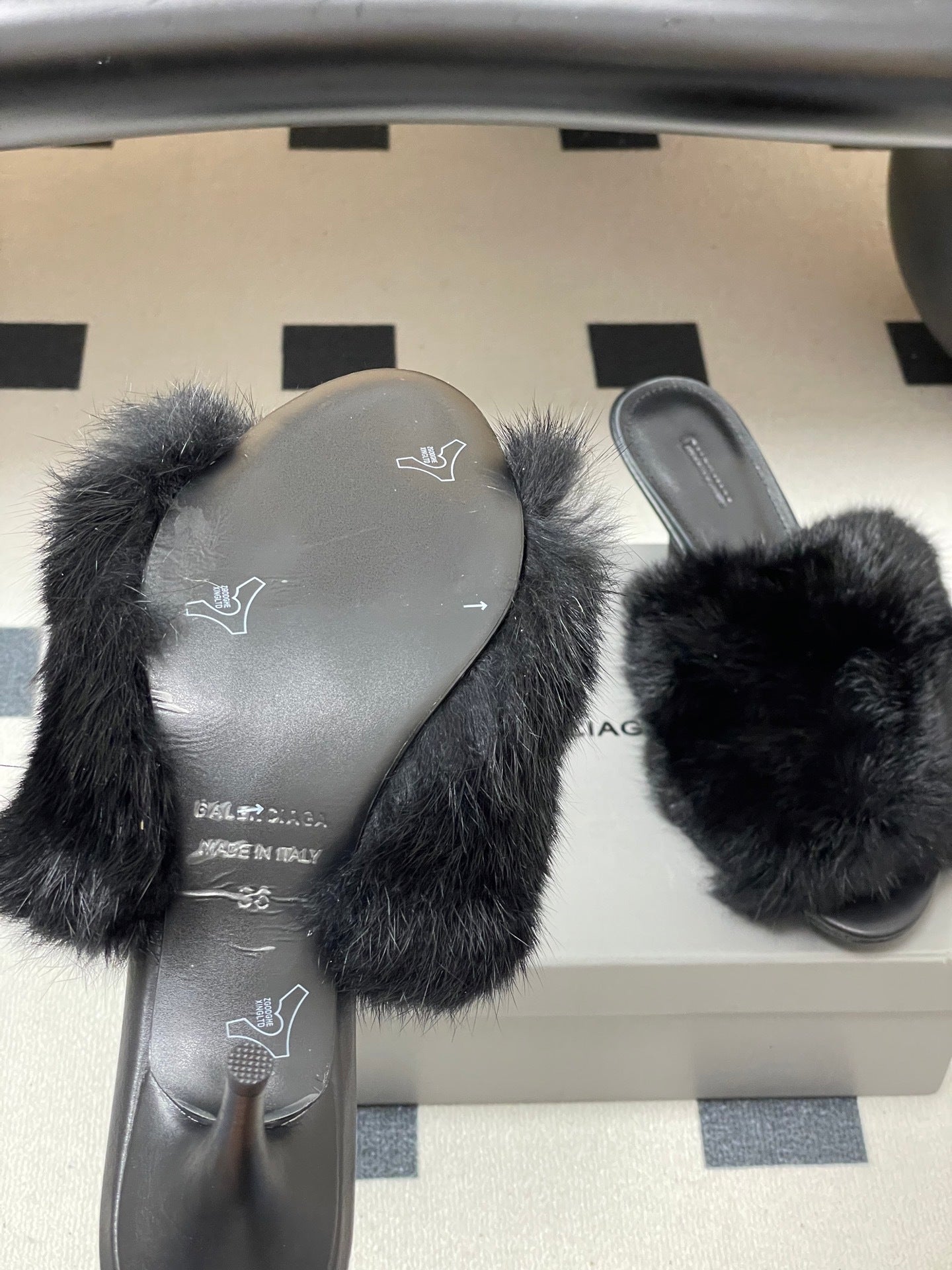 BLACK FUR STRAP MULE HEELS