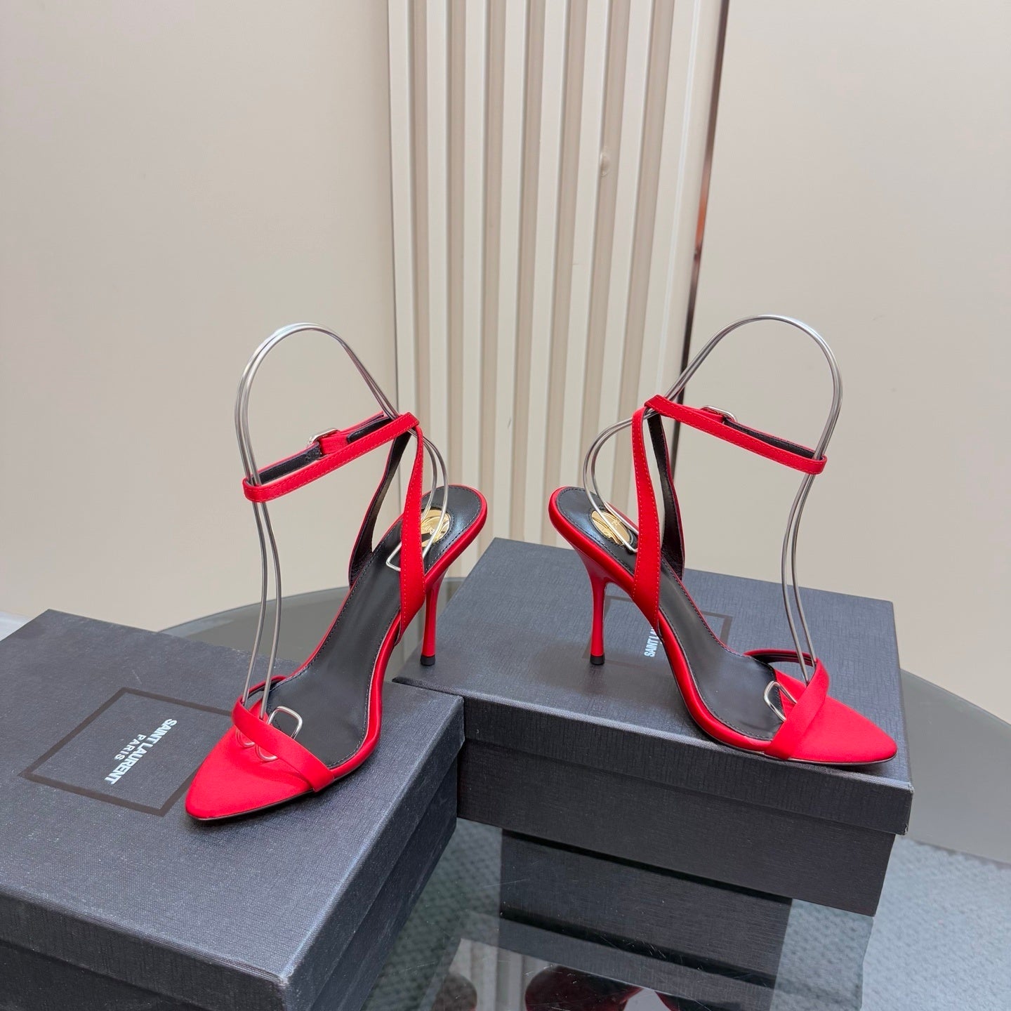 RED T-STRAP STILETTO HEEL SANDALS