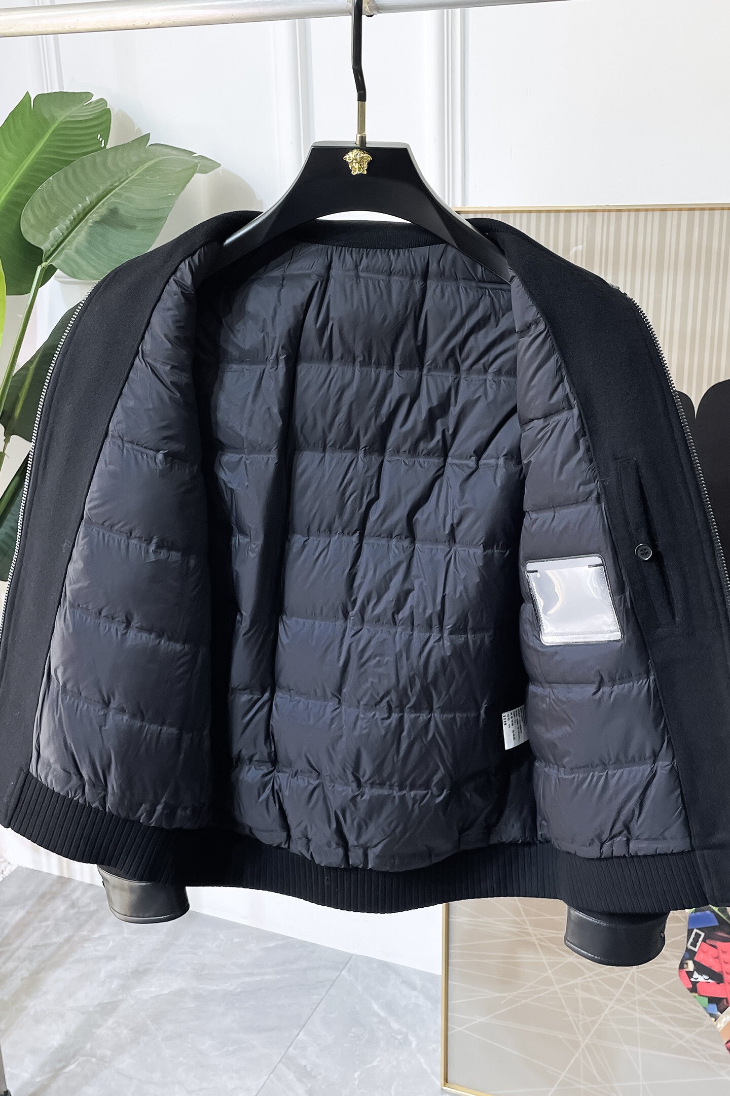 BLACK WOOL-BLEND JACKET WITH LEATHER DETAILS