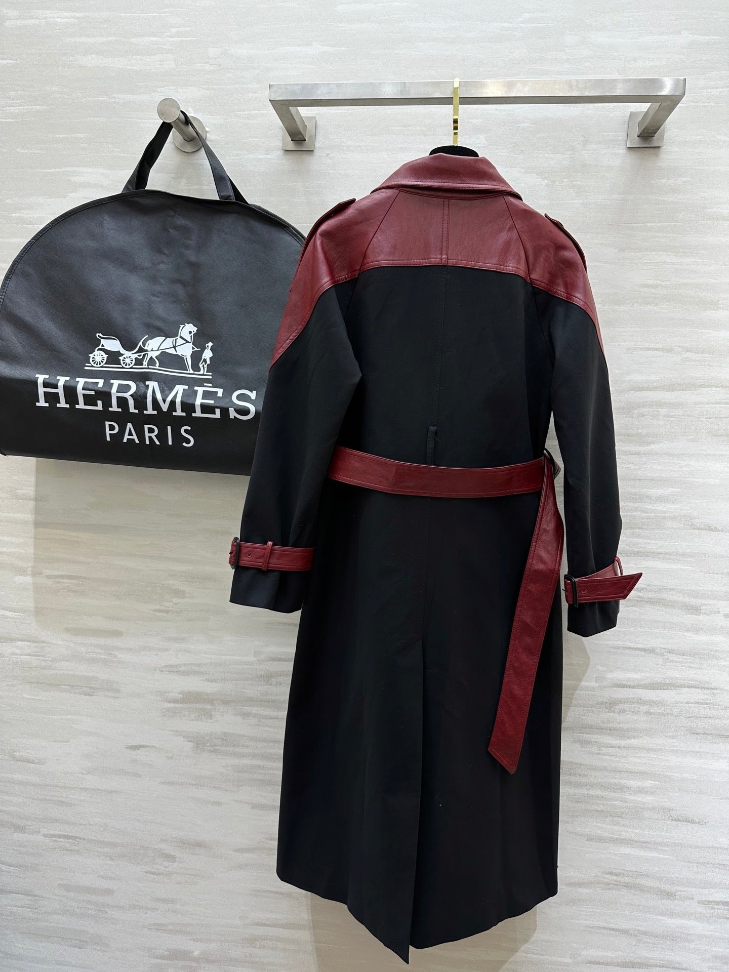 TWO-TONE BELTED LONG COAT WITH LEATHER ACCENTS