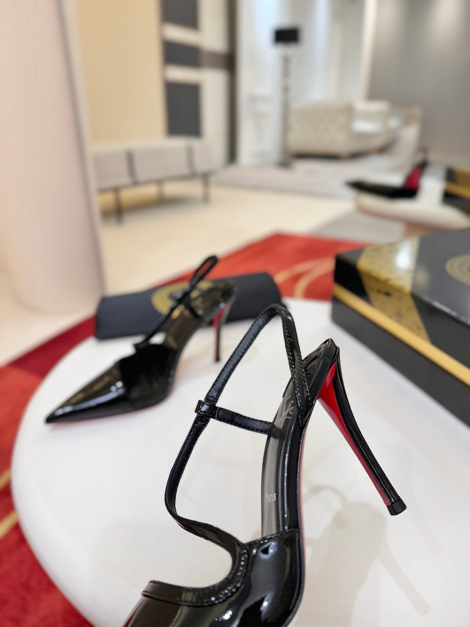 BLACK PATENT STRAPPY POINTED HEELS