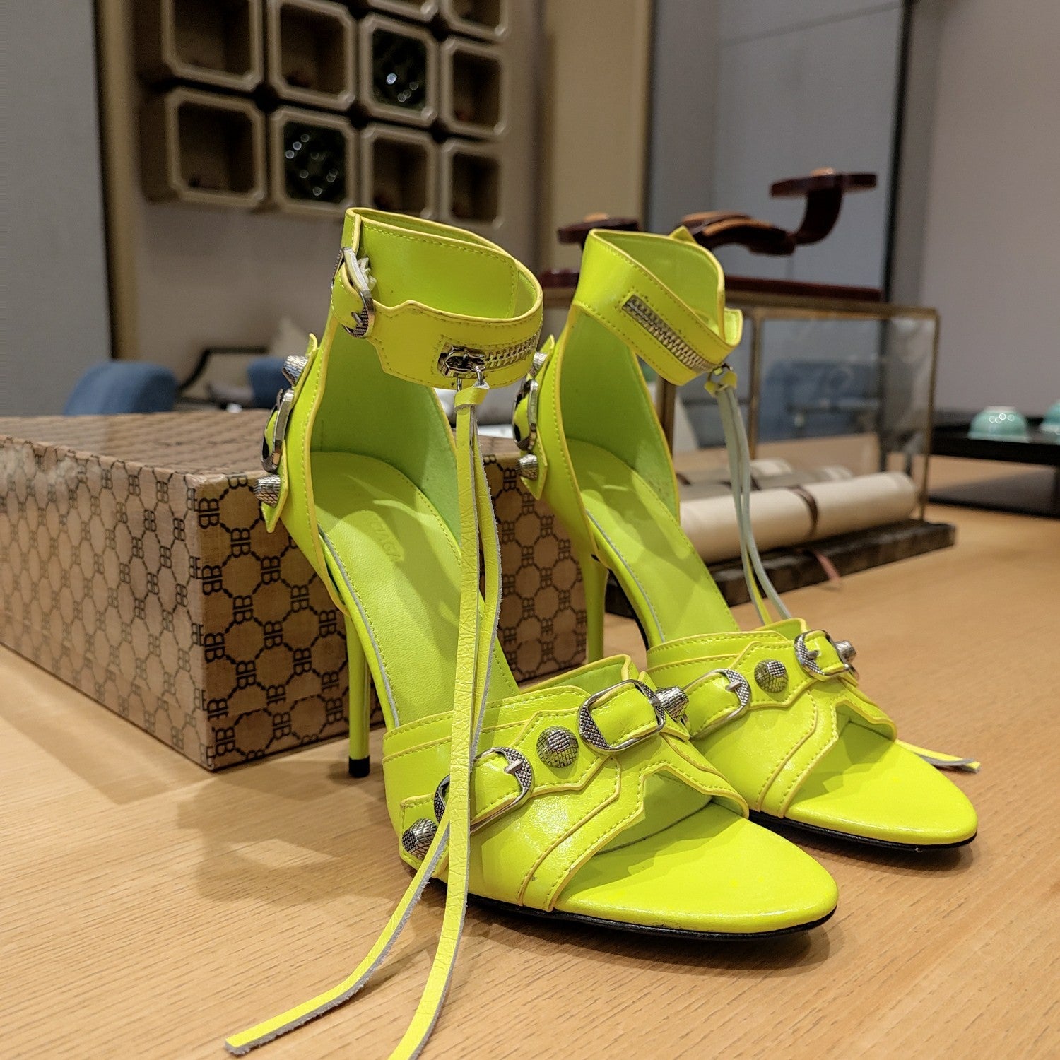 NEON GREEN BUCKLE STRAP HIGH HEEL SANDALS