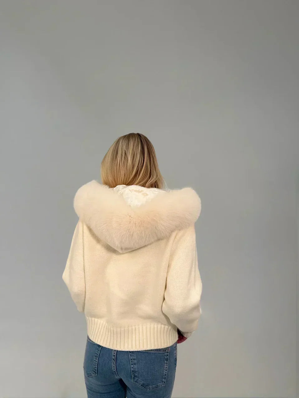 FUR HOODED KNIT JACKET