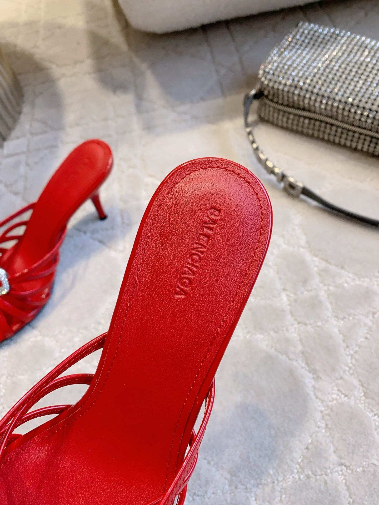 CRYSTAL EMBELLISHED RED STRAPPY HEELS