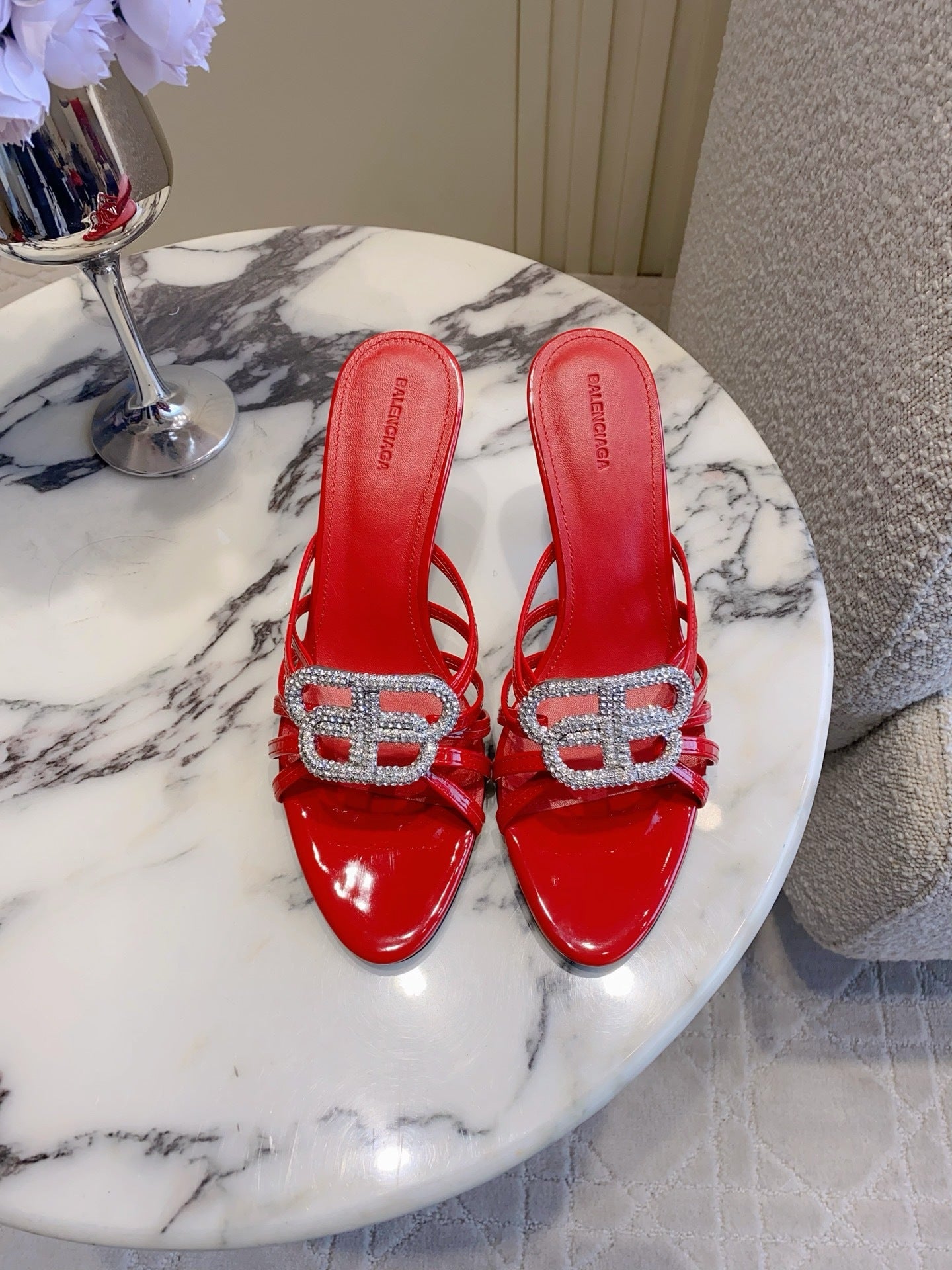 CRYSTAL EMBELLISHED RED STRAPPY HEELS