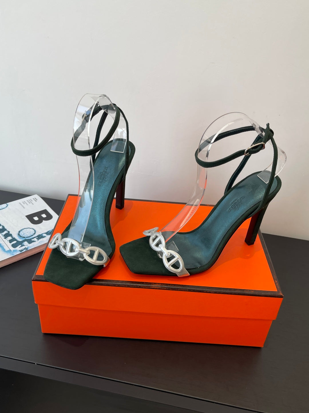 FOREST GREEN SUEDE ANKLE STRAP HIGH HEEL SANDALS