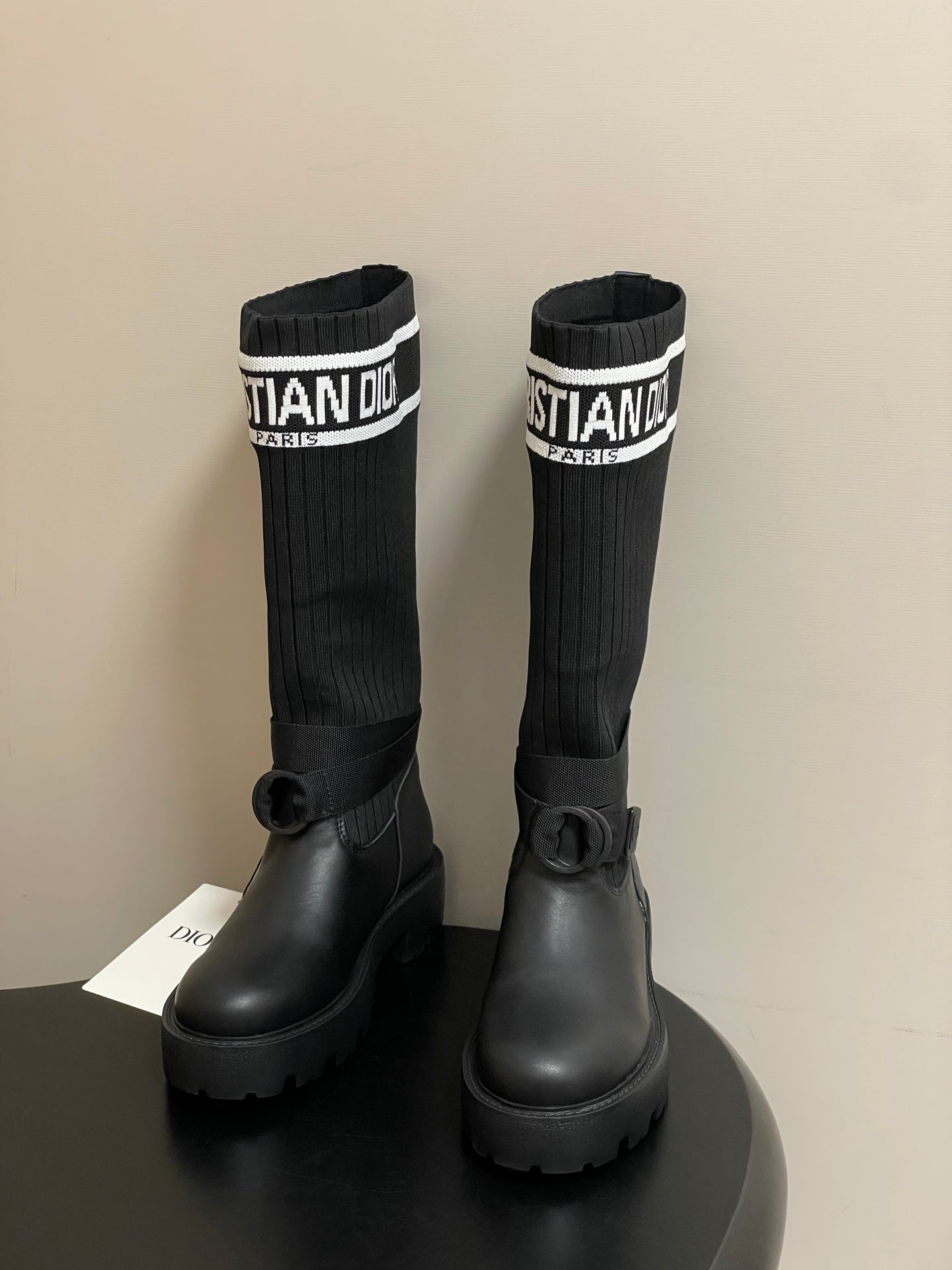 BLACK LEATHER SOCK BOOTS WITH RIBBED KNIT SHAFT AND CHUNKY SOLE