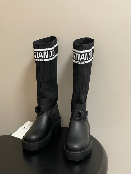 BLACK LEATHER SOCK BOOTS WITH RIBBED KNIT SHAFT AND CHUNKY SOLE