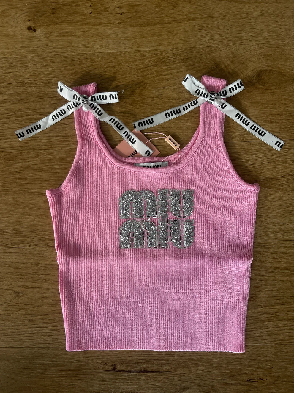 RHINESTONE LOGO RIBBED BOW TANK TOP