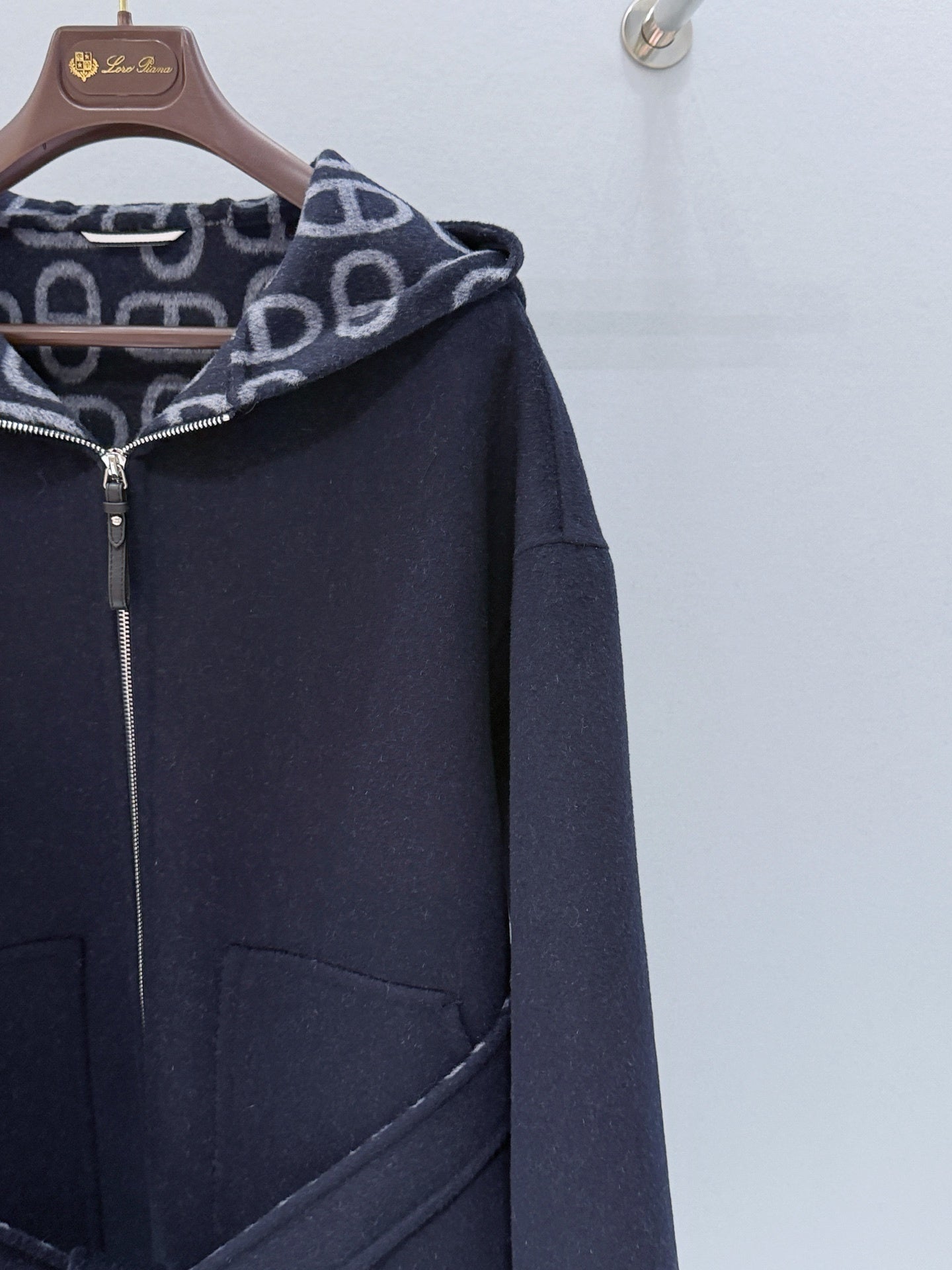 NAVY LONG COAT WITH HOOD, ZIP FRONT AND WAIST TIE