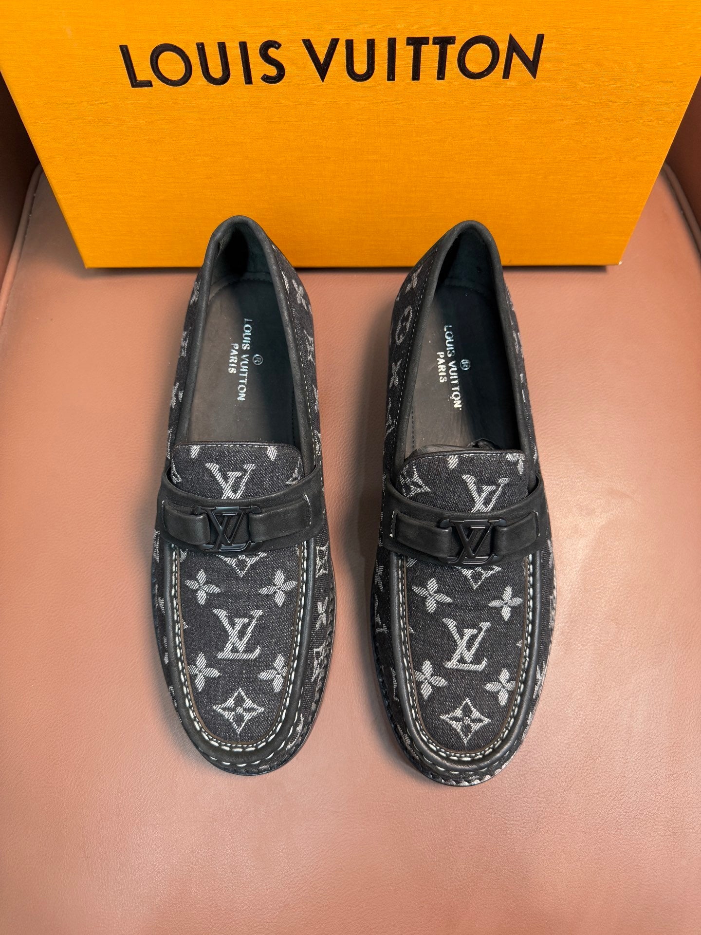 BLACK MONOGRAM CANVAS LOAFERS WITH METAL DETAIL