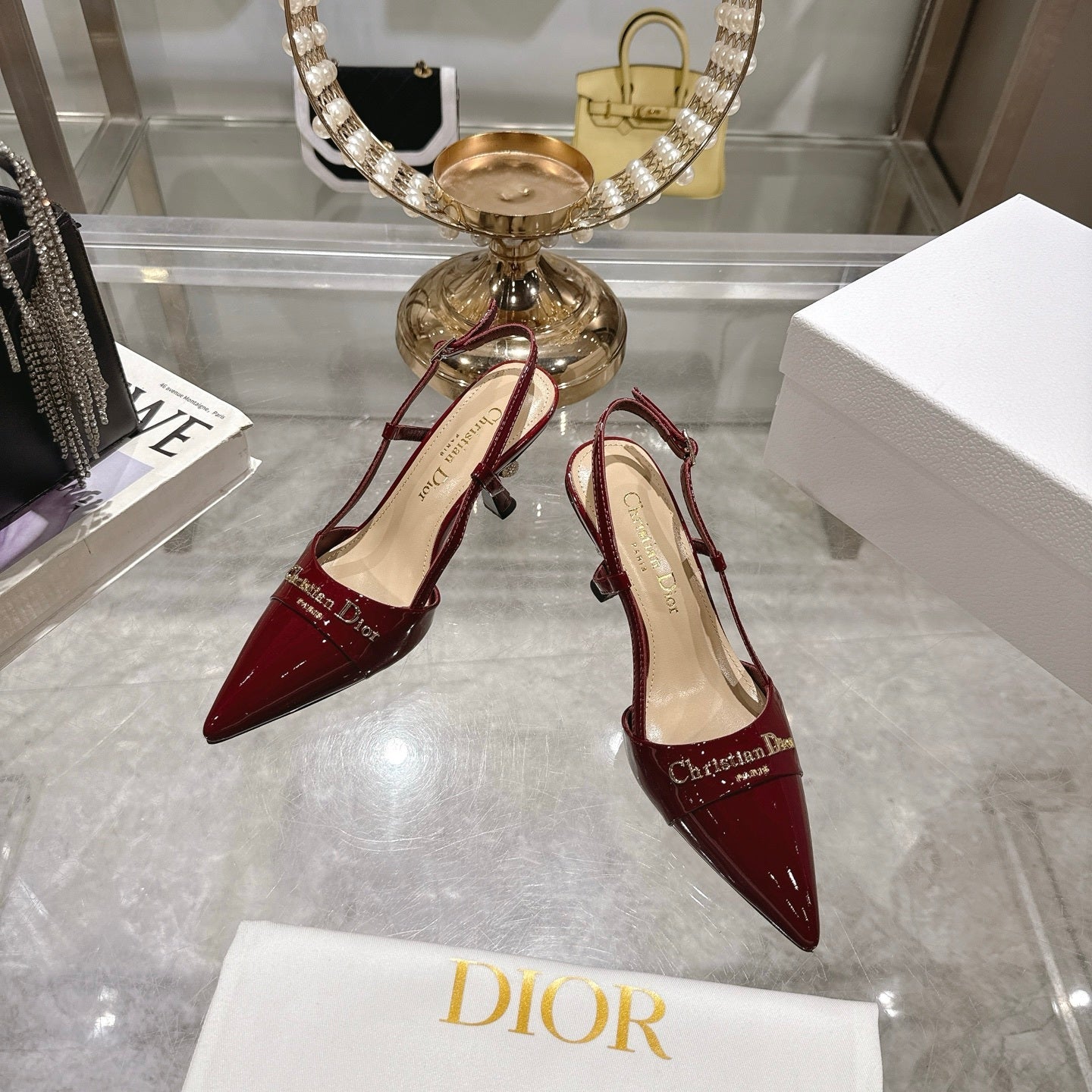 PATENT SLINGBACK KITTEN HEELS – BURGUNDY