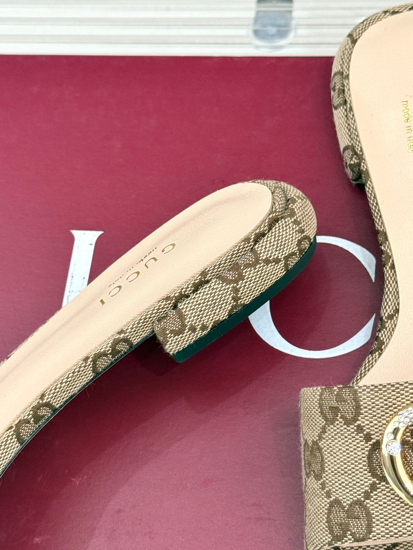 BEIGE MONOGRAM LOW HEEL SLIDES