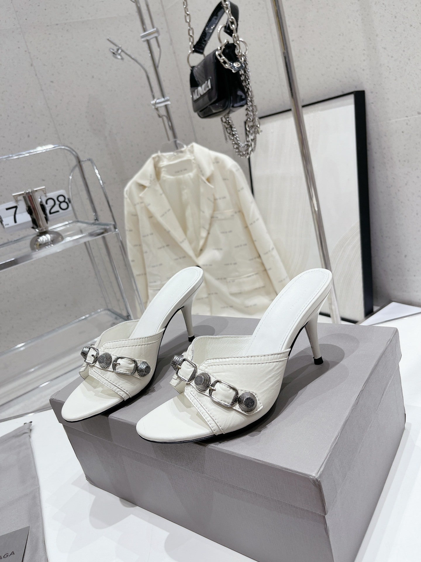 WHITE EMBELLISHED MID HEEL MULE SANDALS