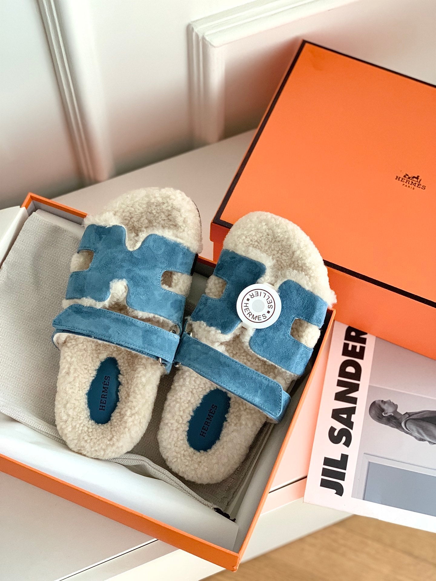 SHEARLING SLIDE SANDALS WITH BLUE SUEDE STRAPS