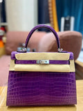 PURPLE CROCODILE EMBOSSED STRUCTURED TOP HANDLE HANDBAG WITH SILVER HARDWARE