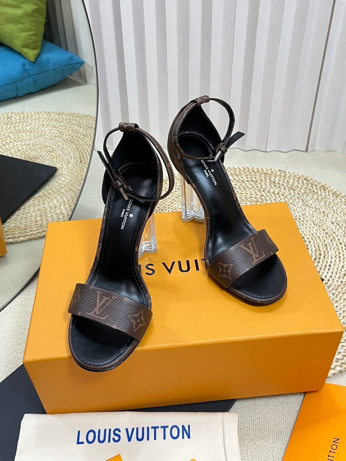 MONOGRAM STRAP CLEAR HEEL SANDALS
