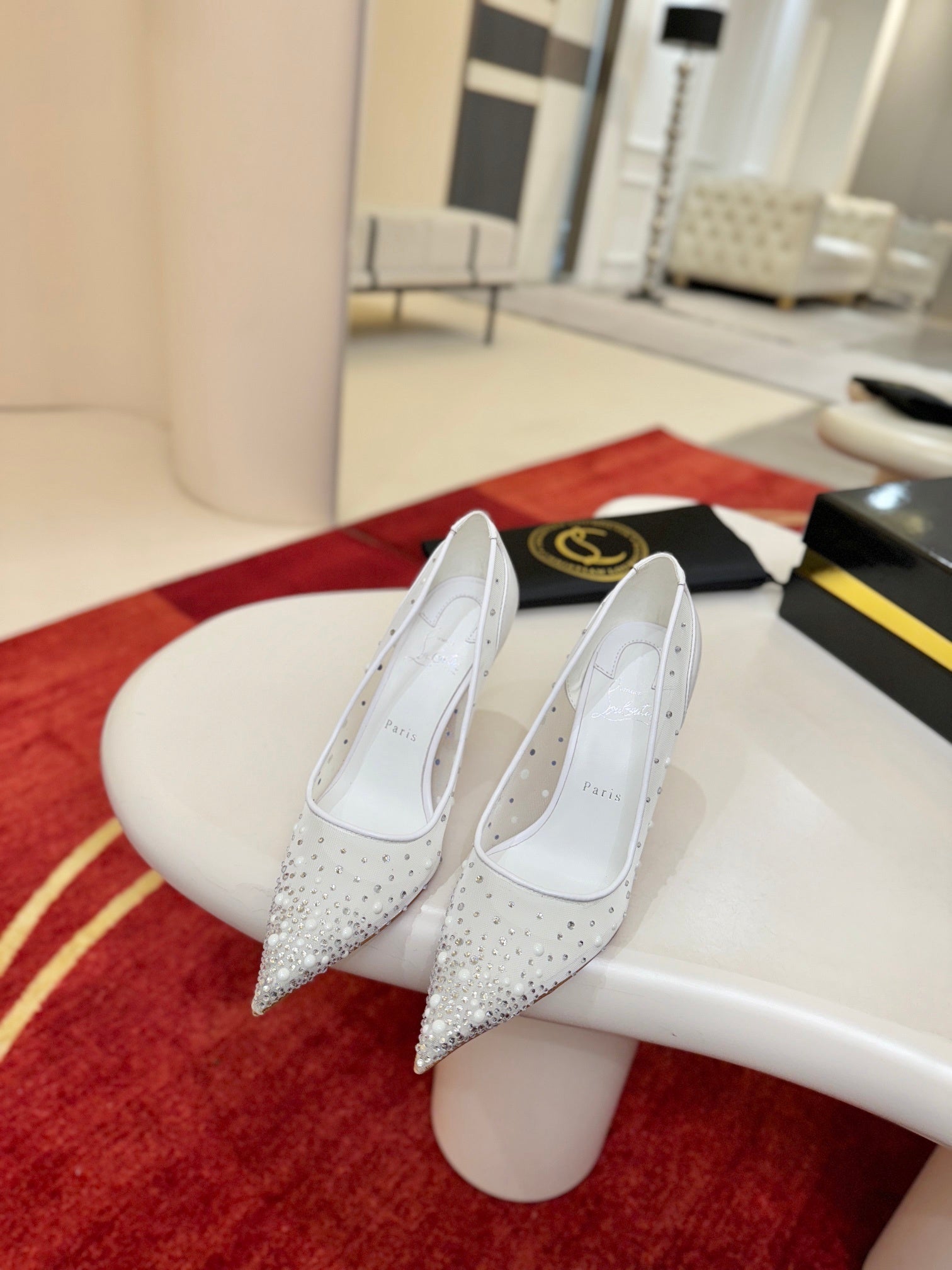 WHITE RHINESTONE POINTED HEELS