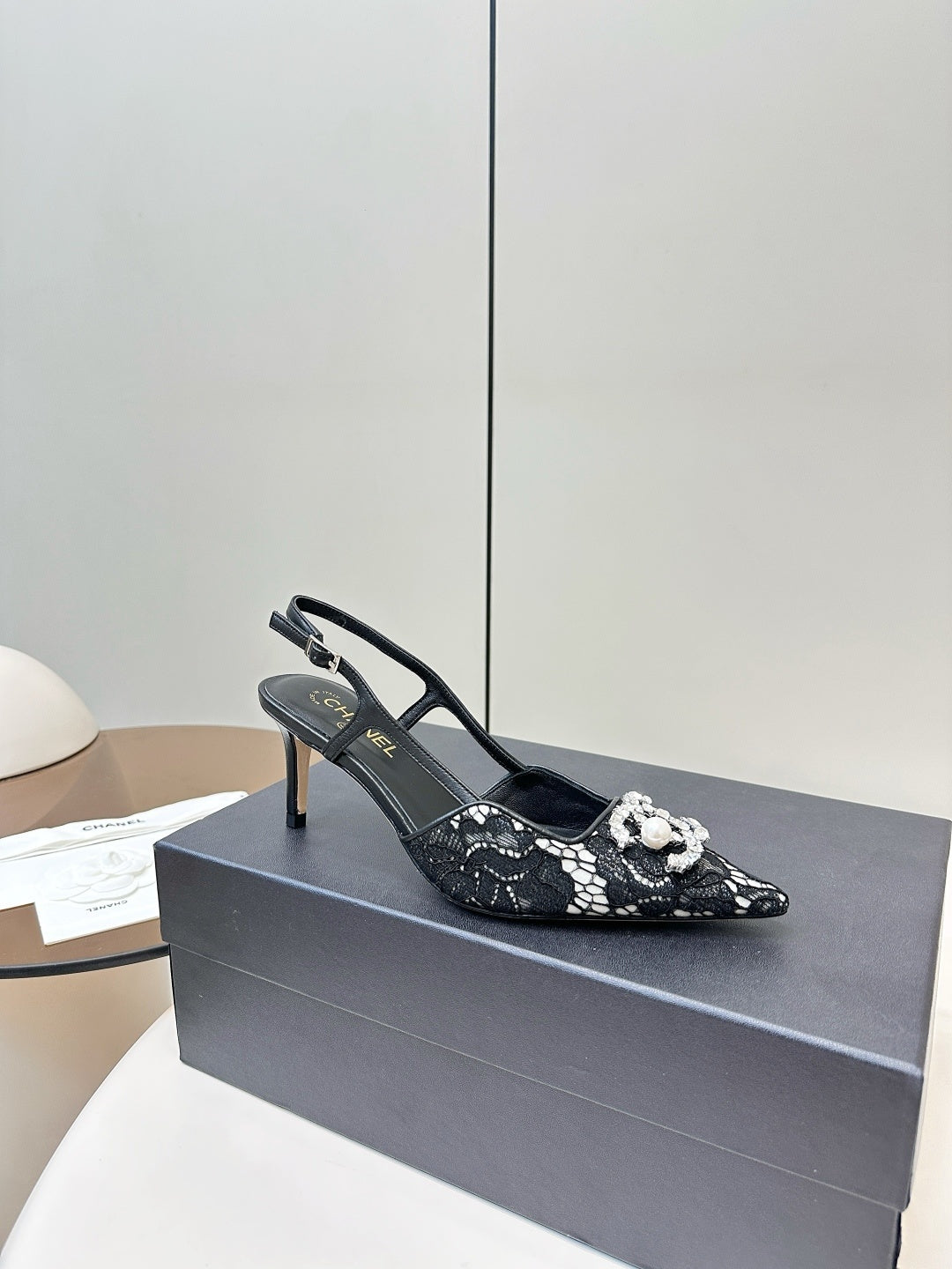 BLACK LACE CRYSTAL SLINGBACK HEELS