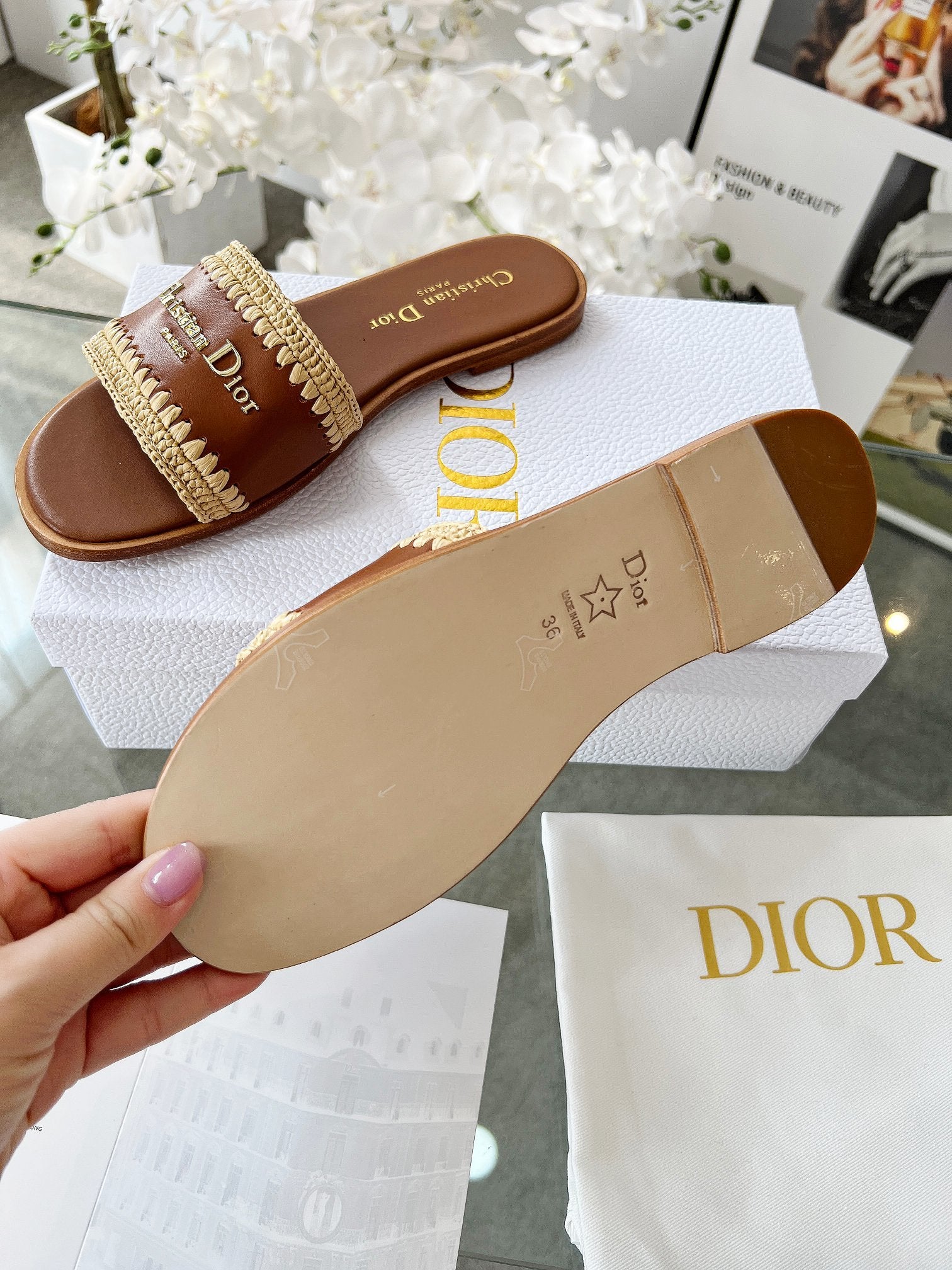 TAN WOVEN LOGO STRAP FLAT SLIDES