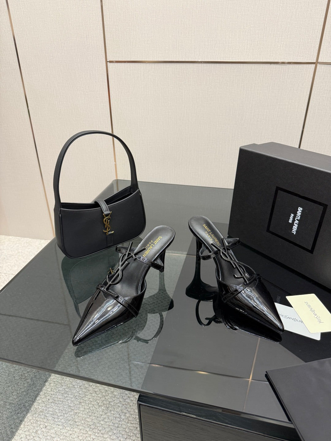 BLACK PATENT POINTED TOE MULE HEELS