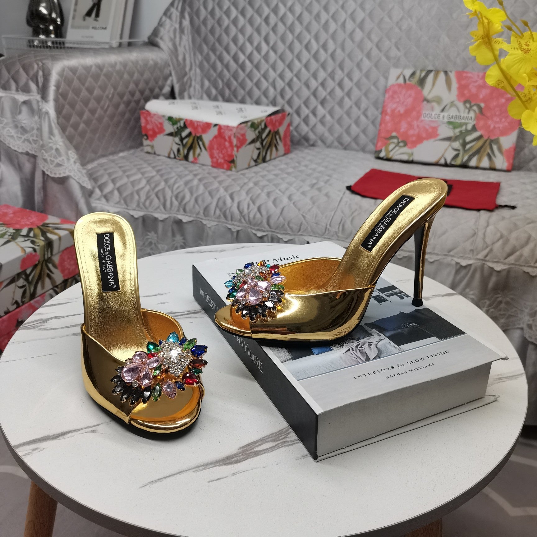 GOLD METALLIC MULE HEEL SANDALS WITH MULTICOLOR CRYSTAL EMBELLISHMENT