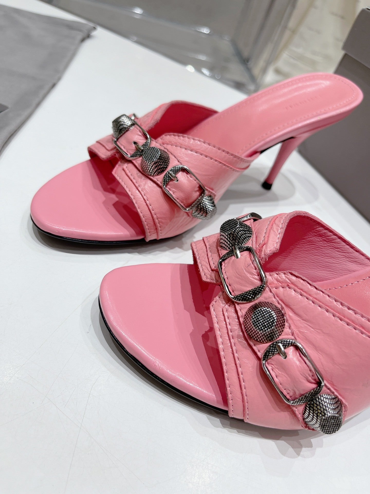 PINK EMBELLISHED MID HEEL MULE SANDALS