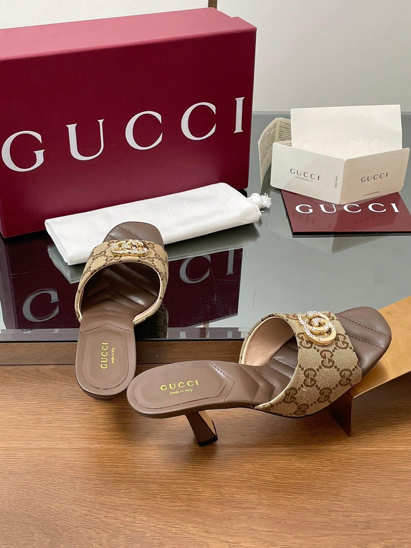 MONOGRAM BLOCK HEEL SLIDES