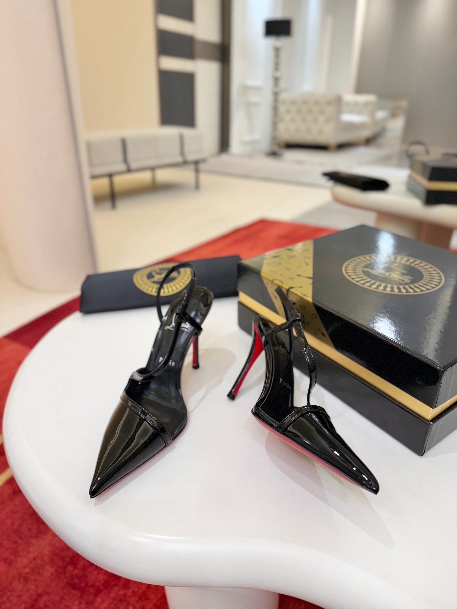 BLACK PATENT STRAPPY POINTED HEELS