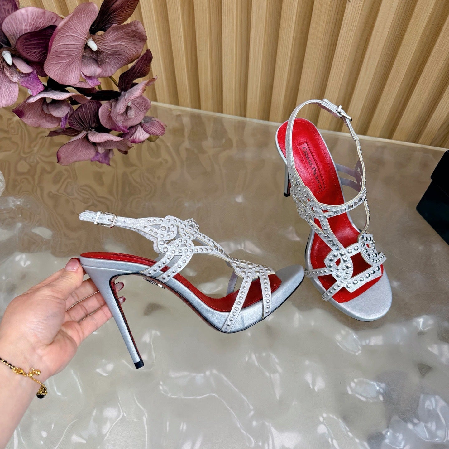 CRYSTAL STUD GLADIATOR STILETTO SANDALS – SILVER EDITION