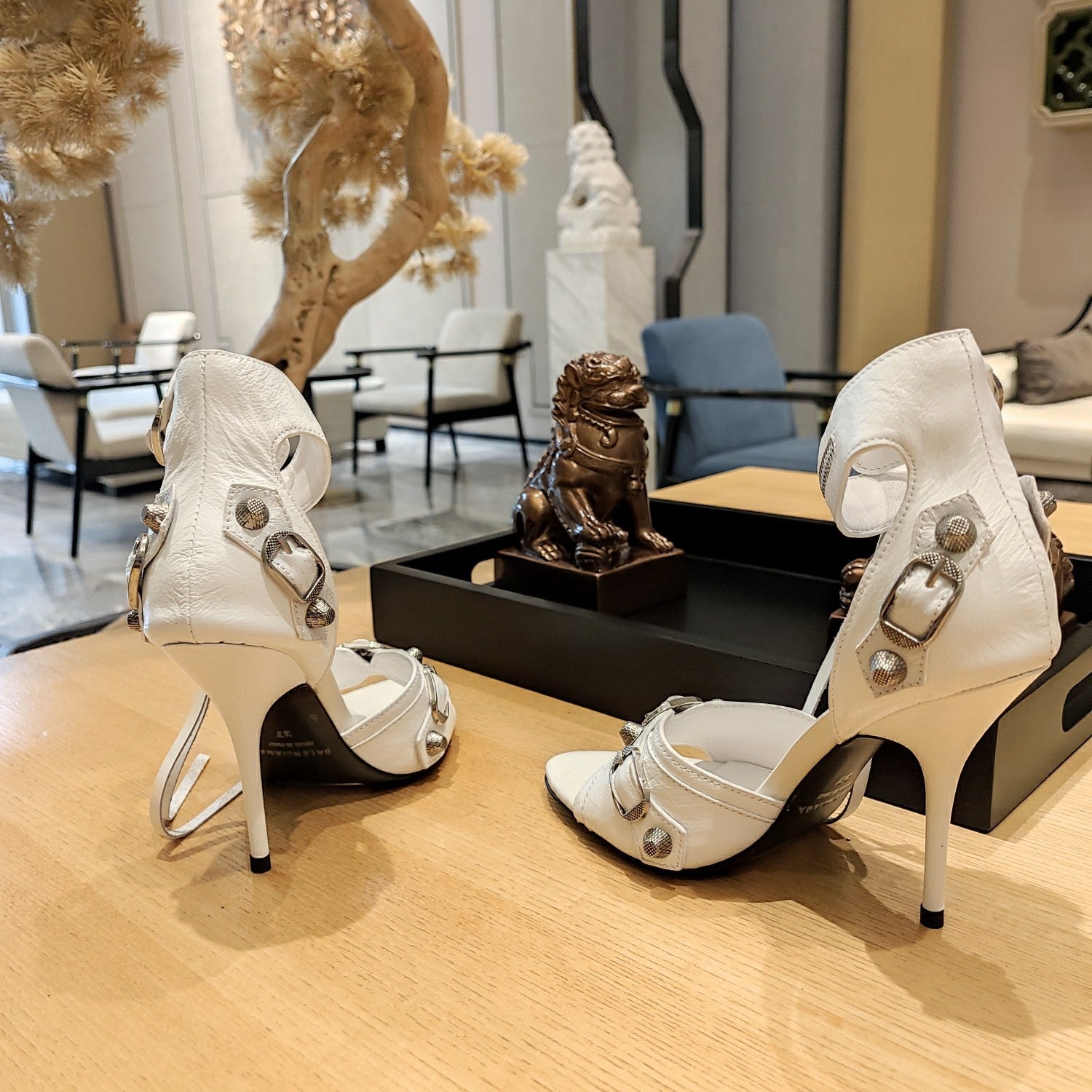 WHITE BUCKLE STRAP HIGH HEEL SANDALS