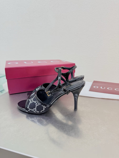 BLACK EMBELLISHED STRAPPY HEEL SANDALS