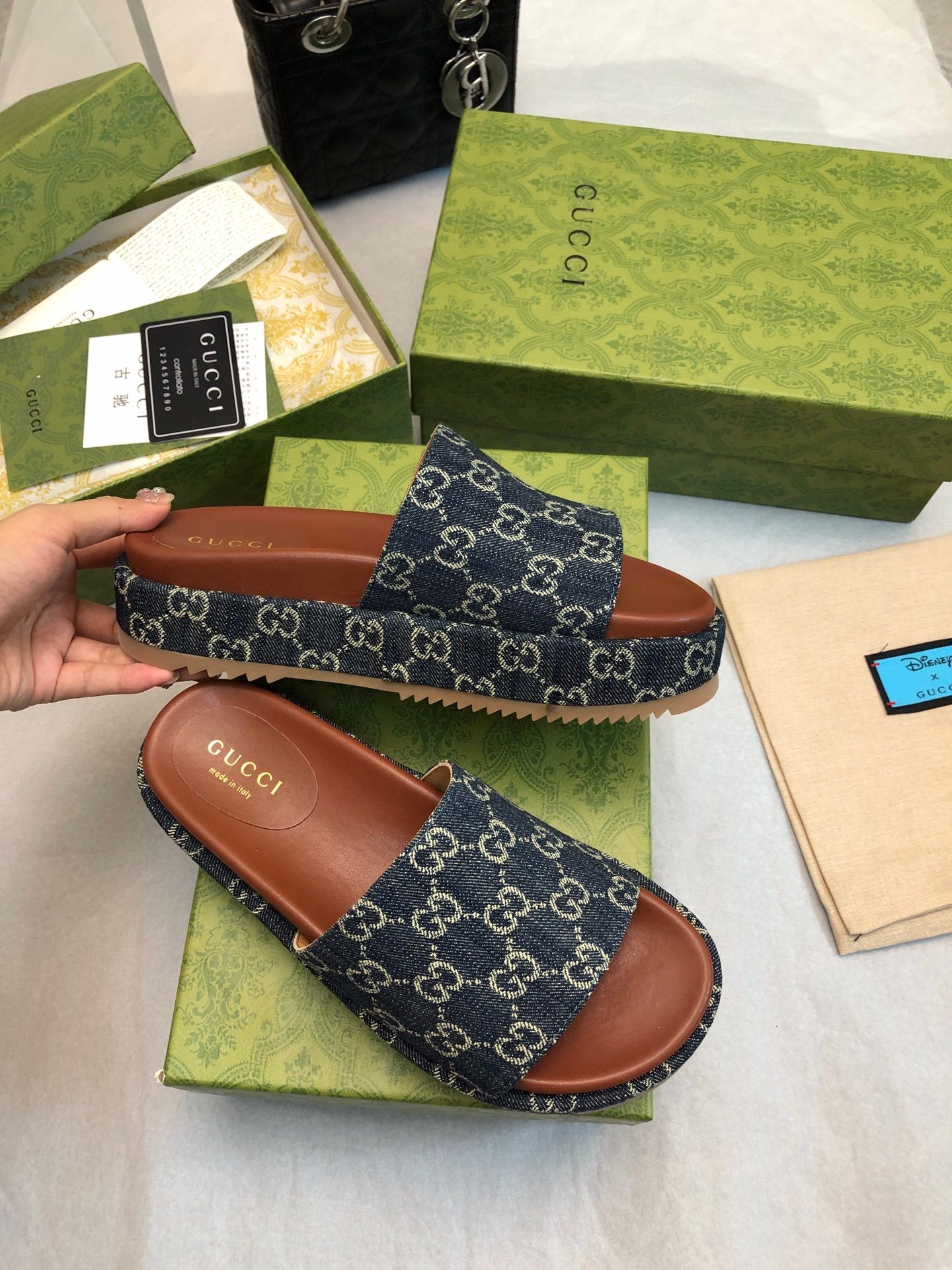 DENIM MONOGRAM PLATFORM SLIDES