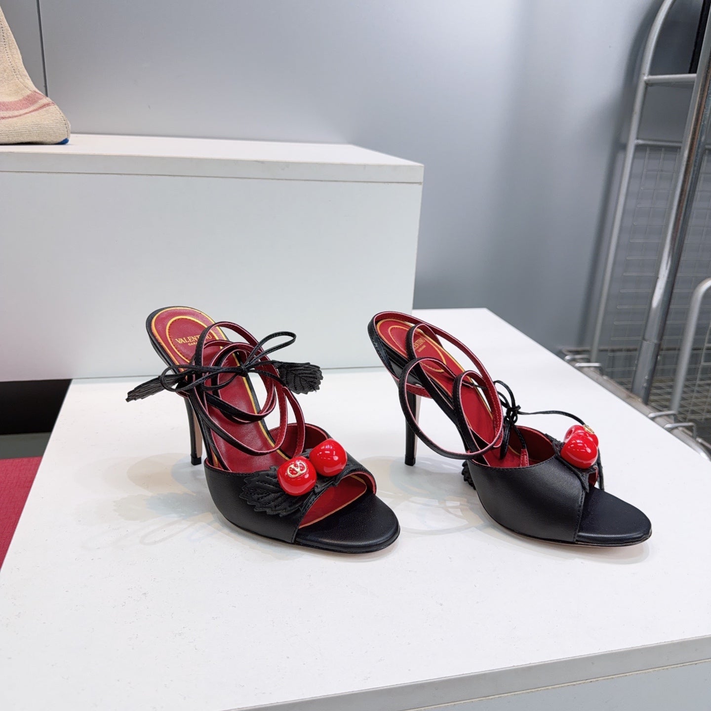 CHERRY EMBELLISHED STRAPPY HEEL SANDALS – BLACK & RED