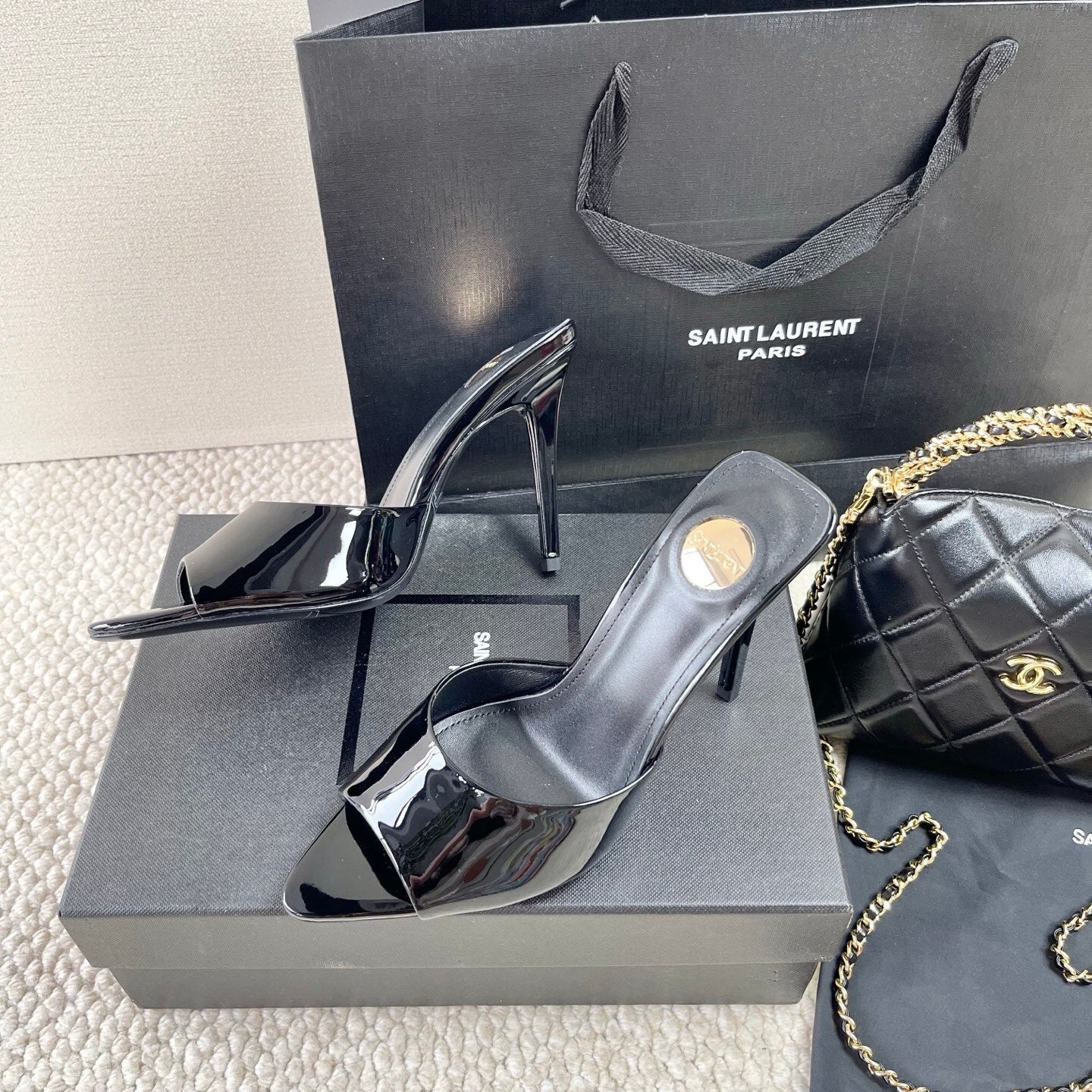 BLACK PATENT OPEN-TOE MULE HEELS