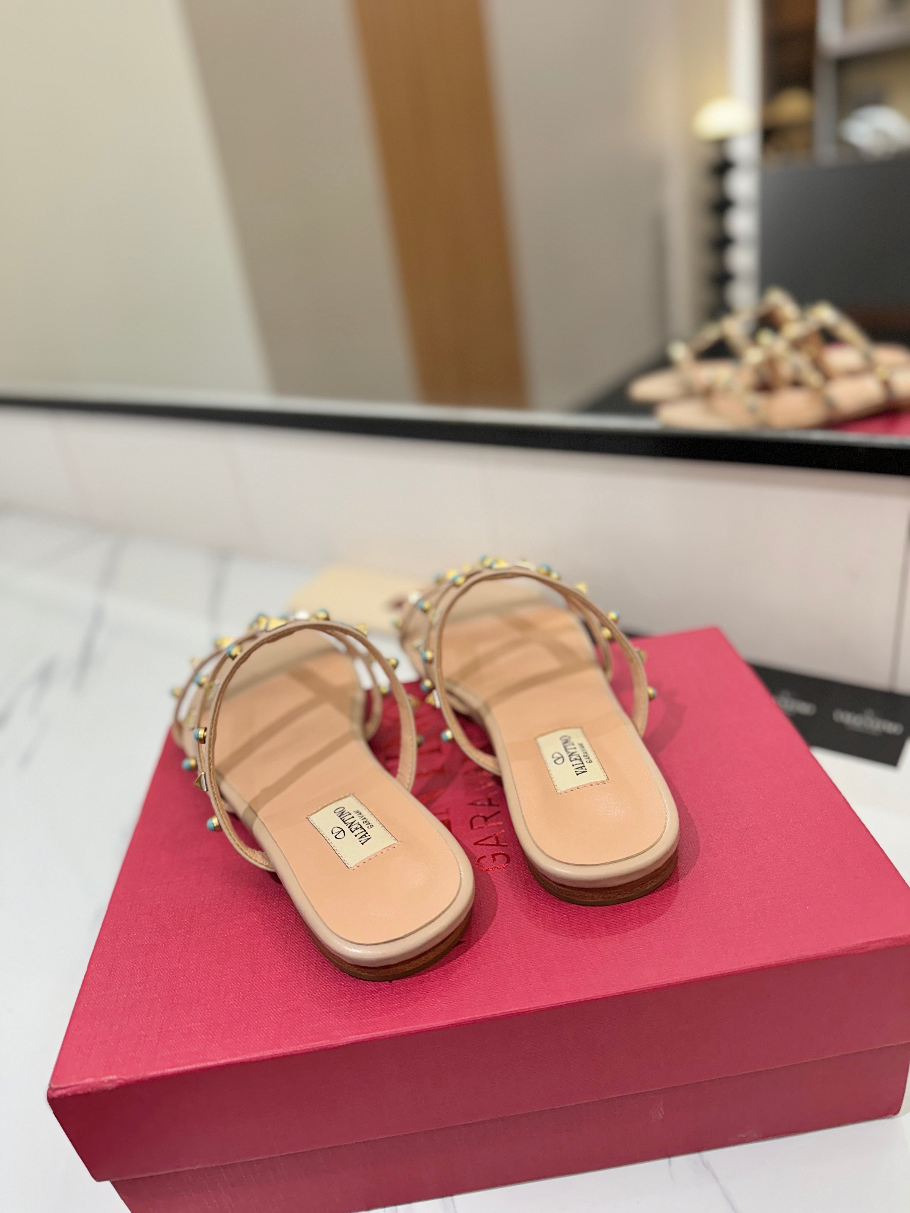 STUDDED STRAP FLAT SANDALS – NUDE WITH TURQUOISE ACCENTS